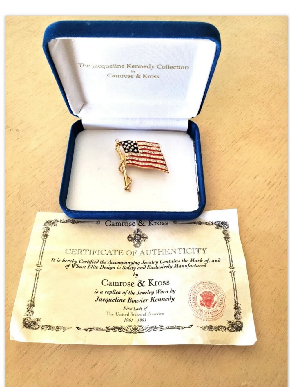 VTG Jacqueline Kennedy Collection American Flag Brooch Camrose & Kross JBK New
